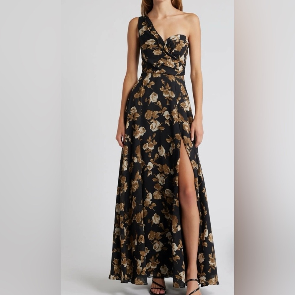 Lulu's Black and Gold Floral One-Shoulder Dress